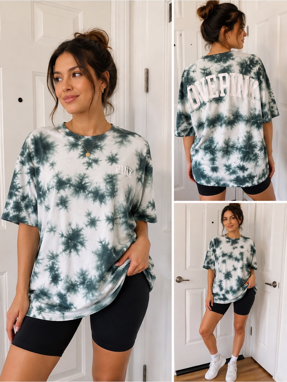 PINK Victoria's Secret Green and White Tie-Dye Oversized Tee